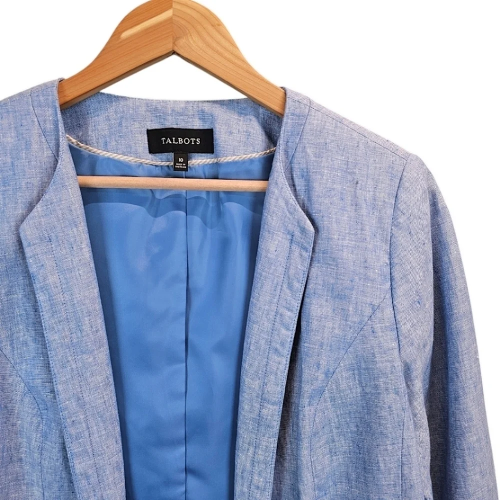 Talbots 100% Linen Open Front Blazer Jacket Light Blue Sz 10 Cape Cod Hamptons